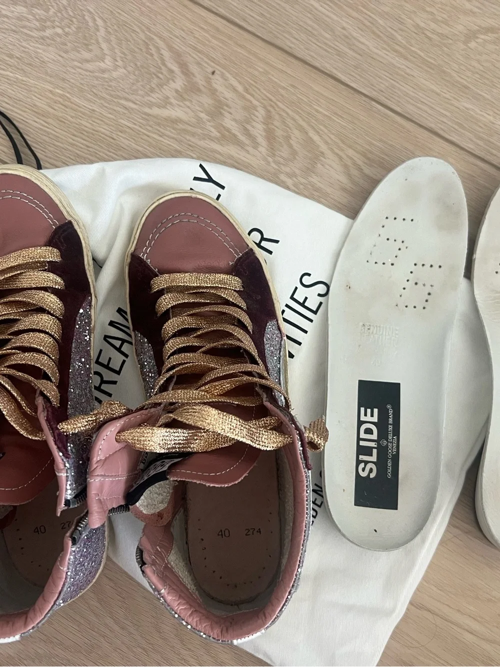 Golden goose glitter slides pink gold burgundy size 40
